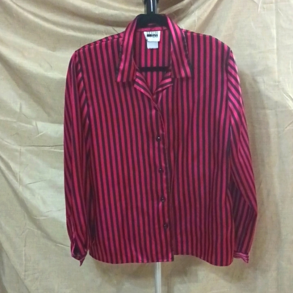 long sleeve red/black pinstripe button up blouse
